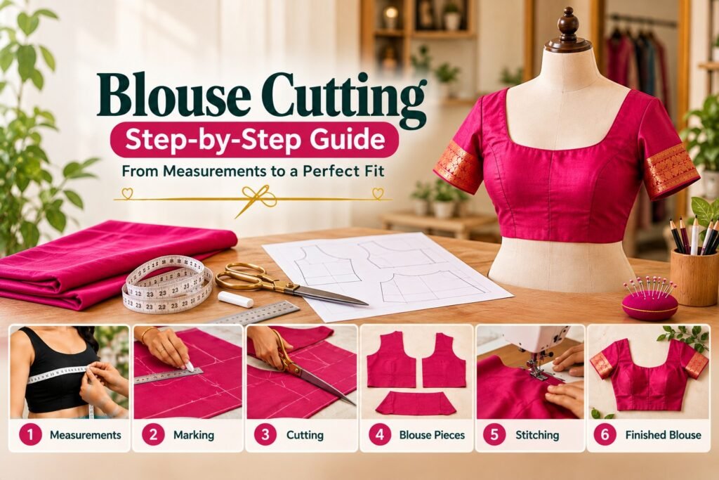 Blouse Cutting: Step-by-Step Guide 1 blouse cutting, blouse ki cutting, blouse cutting and stitching, simple blouse cutting steps, blouse cutting style