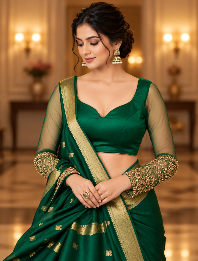 Deep Neckline with Embroidered Sleeves